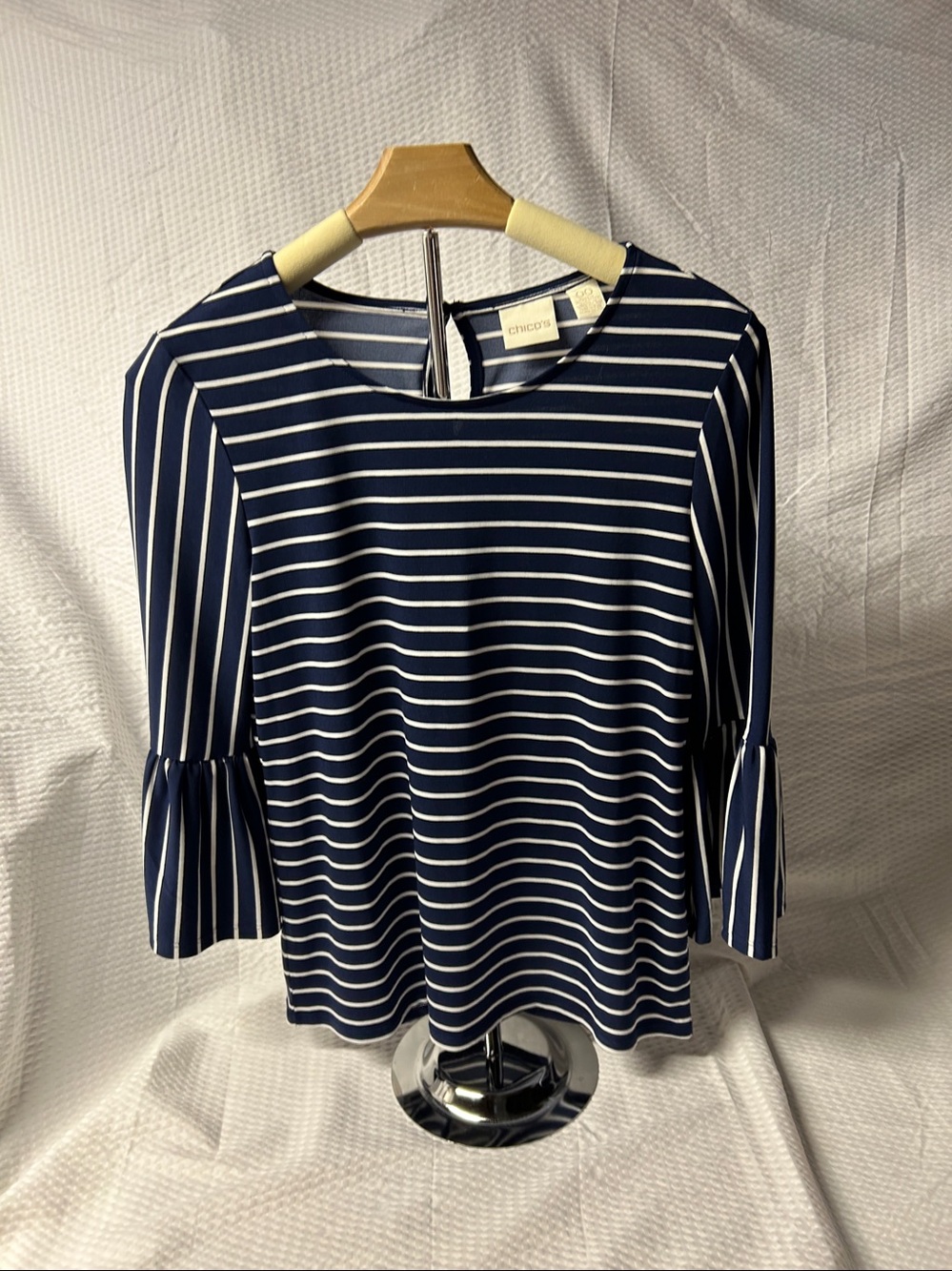 Chico's Navy & White Striped Bell-Sleeve Top
